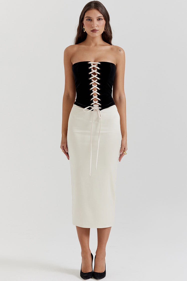 Feather Trim Off Shoulder Lace Up Corset Satin Skirt Two Piece Set