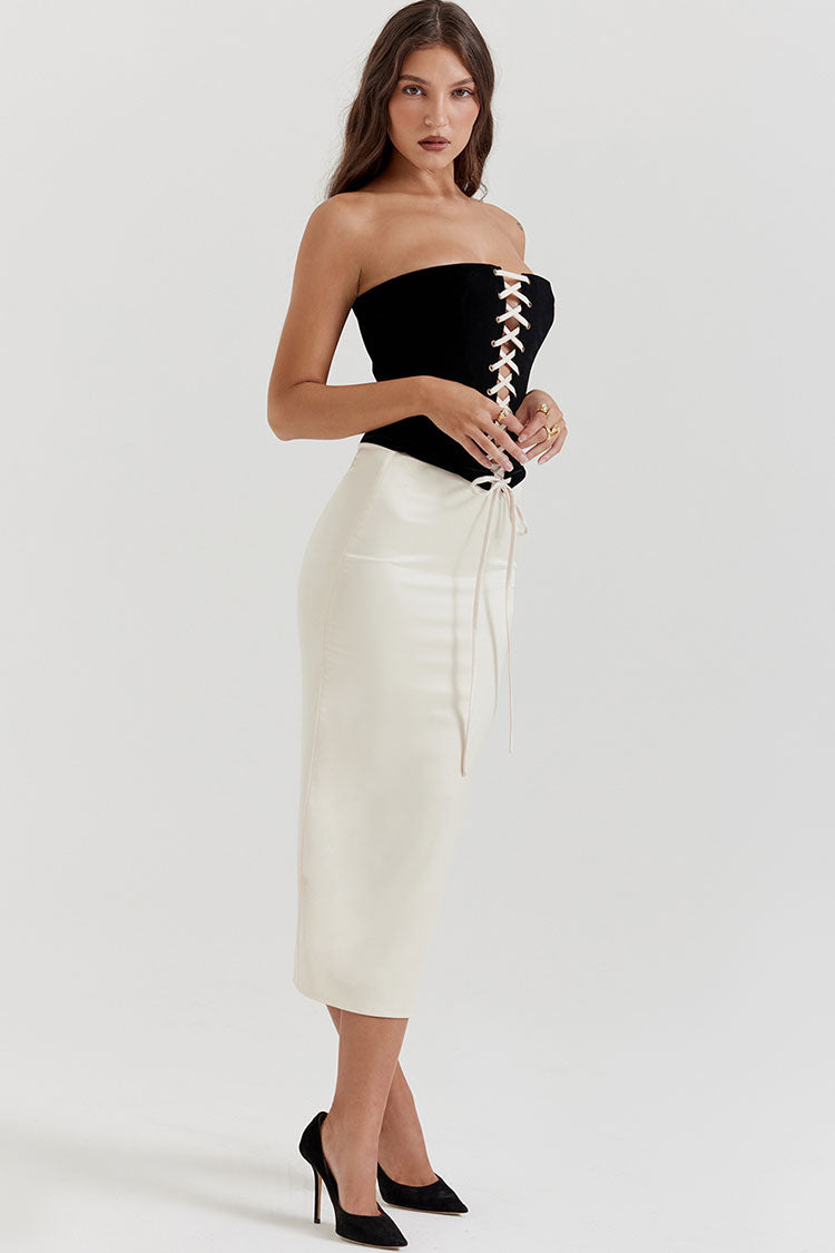Feather Trim Off Shoulder Lace Up Corset Satin Skirt Two Piece Set