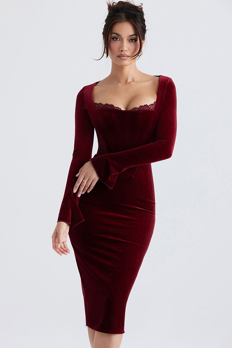 Velvet Square Neck Long Sleeve Lace Trim Corset Bodycon Midi Dress