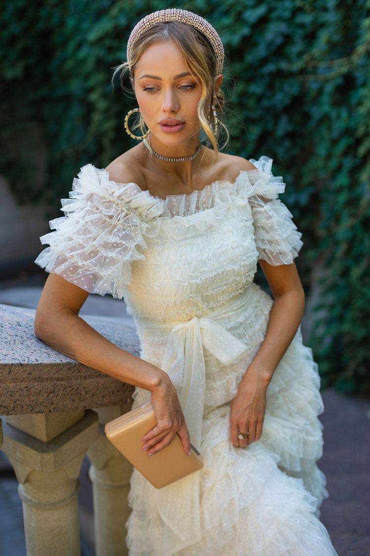 Off Shoulder Tiered Ruffle Dot Tulle Cocktail Midi Dress