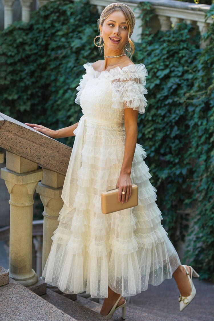 Off Shoulder Tiered Ruffle Dot Tulle Cocktail Midi Dress