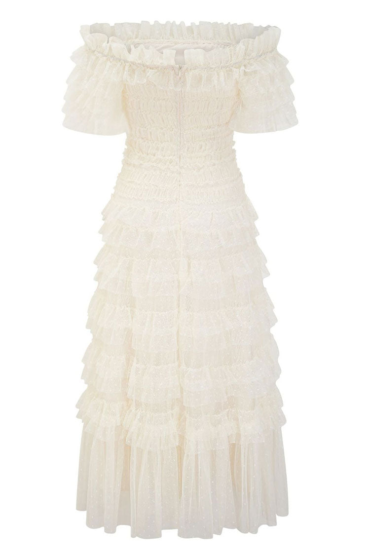 Off Shoulder Tiered Ruffle Dot Tulle Cocktail Midi Dress