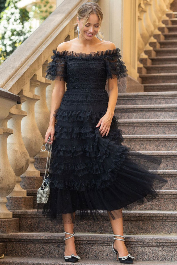 Off Shoulder Tiered Ruffle Dot Tulle Cocktail Midi Dress