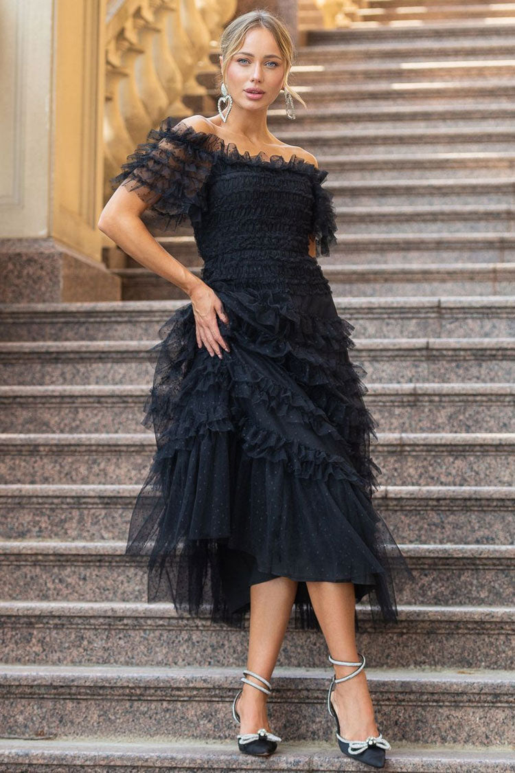 Off Shoulder Tiered Ruffle Dot Tulle Cocktail Midi Dress