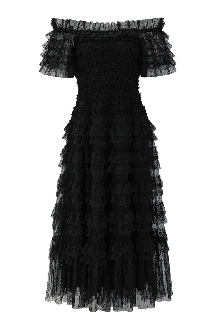 Off Shoulder Tiered Ruffle Dot Tulle Cocktail Midi Dress