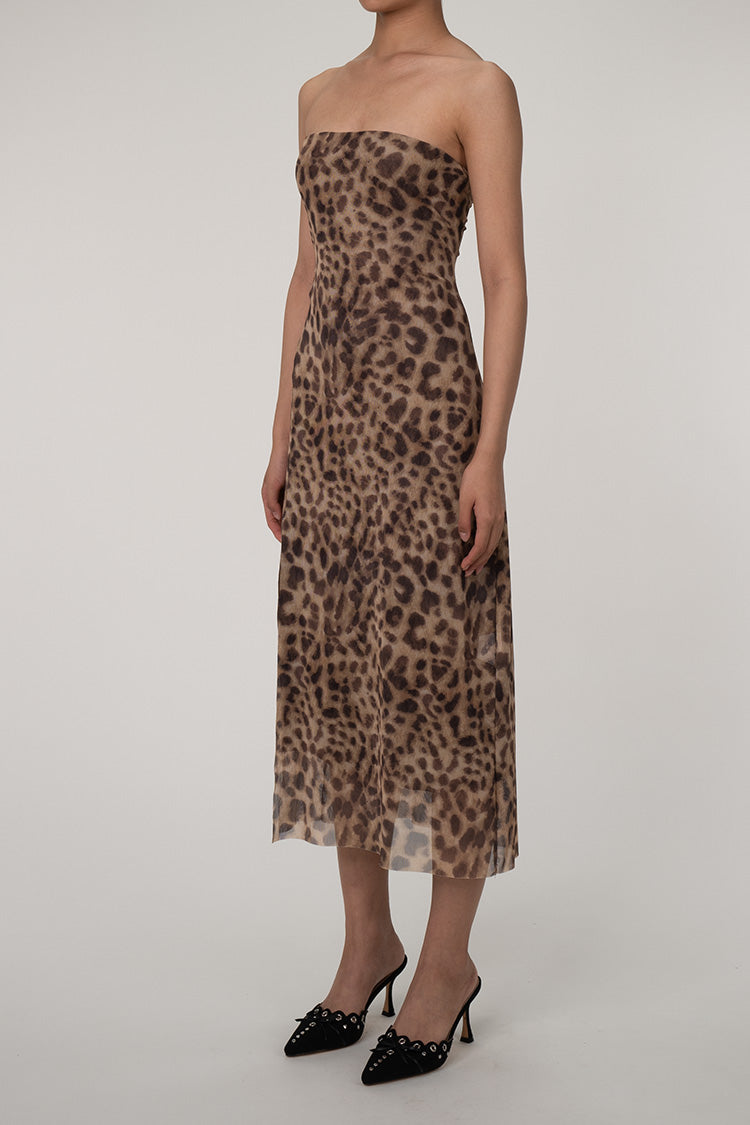Vintage Leopard Print Strapless Split Sheath Mesh Cocktail Party Midi Dress