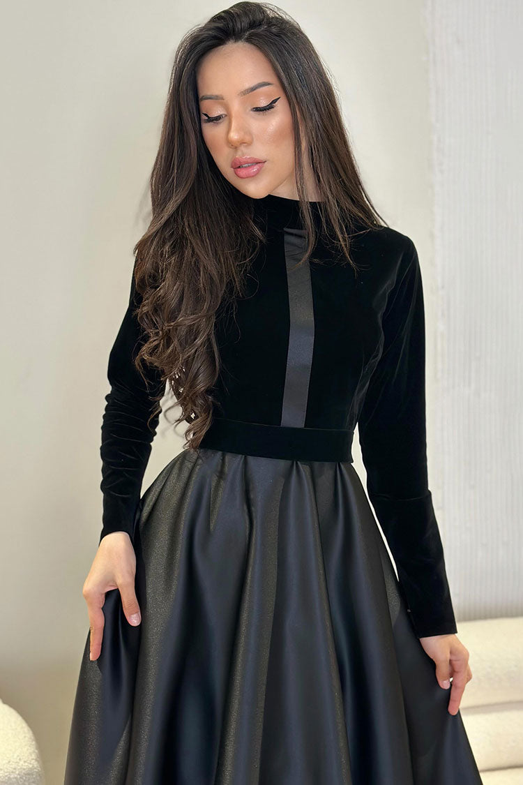 Velvet Satin Long Sleeve High Waist Maxi Dress