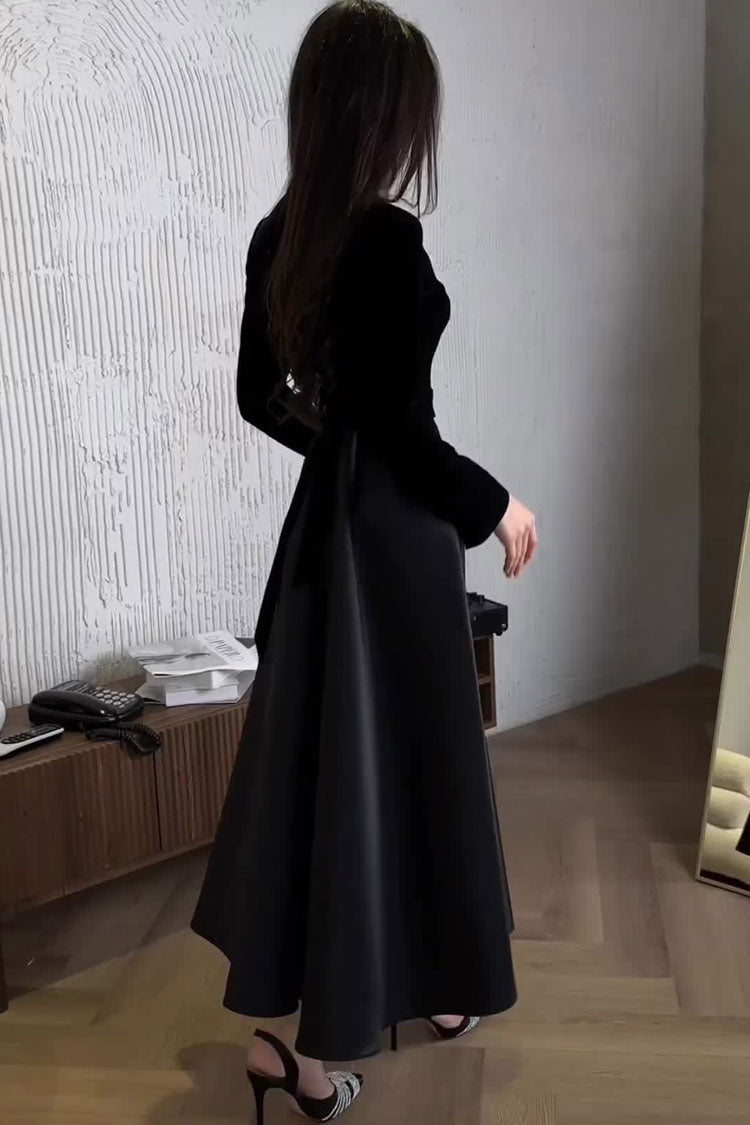 Velvet Satin Long Sleeve High Waist Maxi Dress