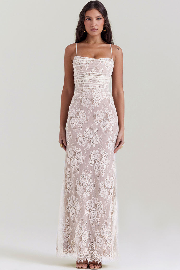 Floral Lace Square Neck Long Sleeve Ruched Mermaid Maxi Dress