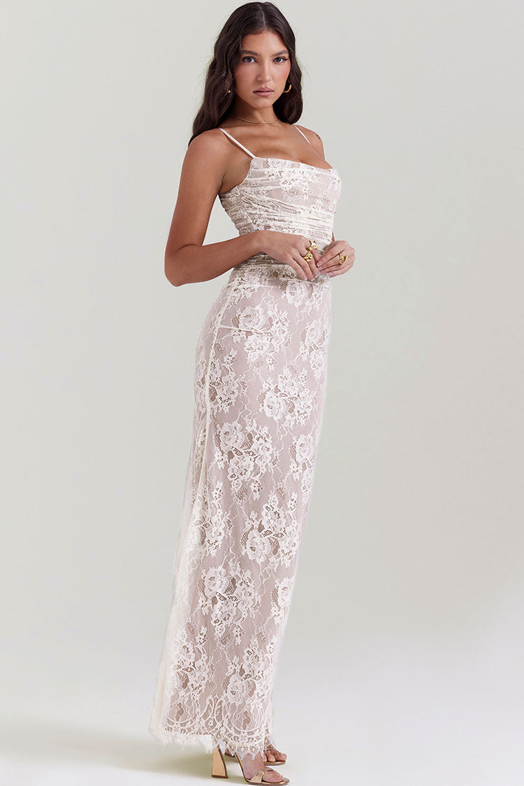 Floral Lace Square Neck Long Sleeve Ruched Mermaid Maxi Dress