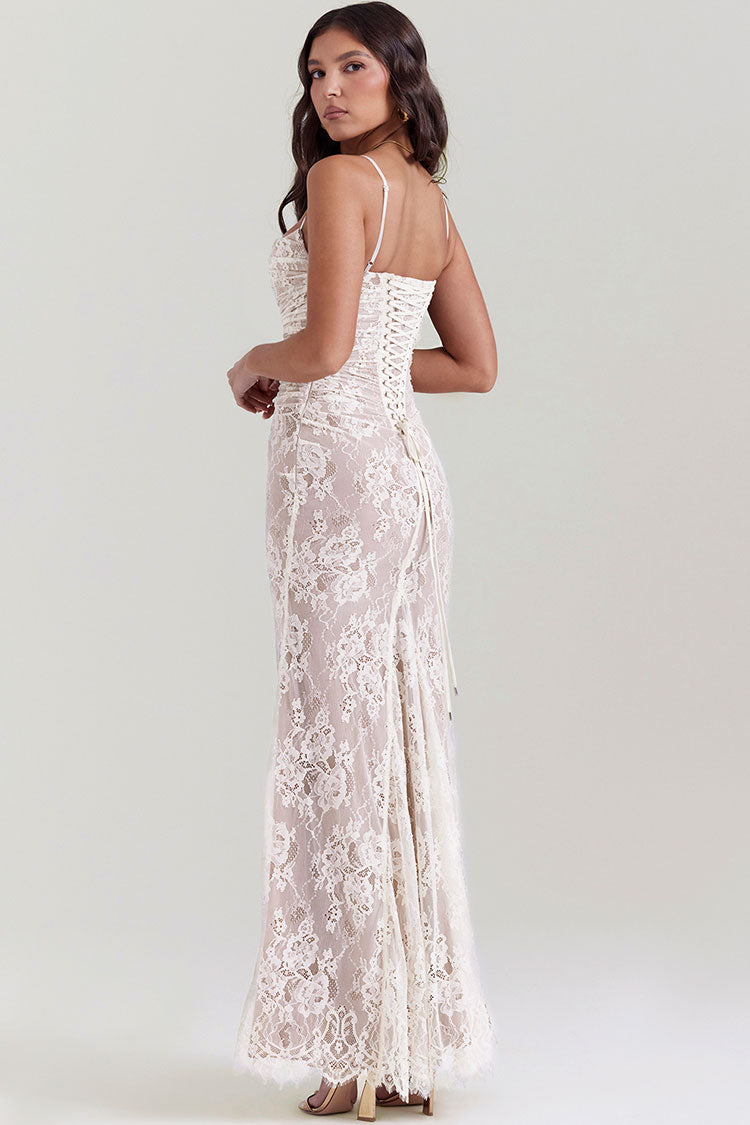 Floral Lace Square Neck Long Sleeve Ruched Mermaid Maxi Dress