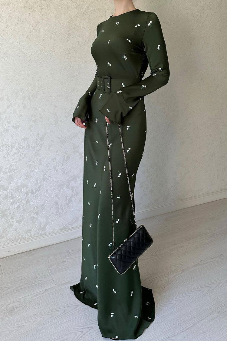 Satin Floral Print Long Sleeve Maxi Dress