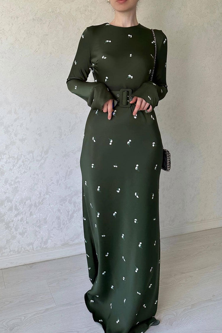 Satin Floral Print Long Sleeve Maxi Dress