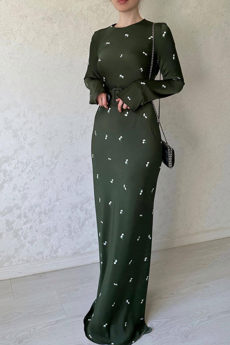 Satin Floral Print Long Sleeve Maxi Dress