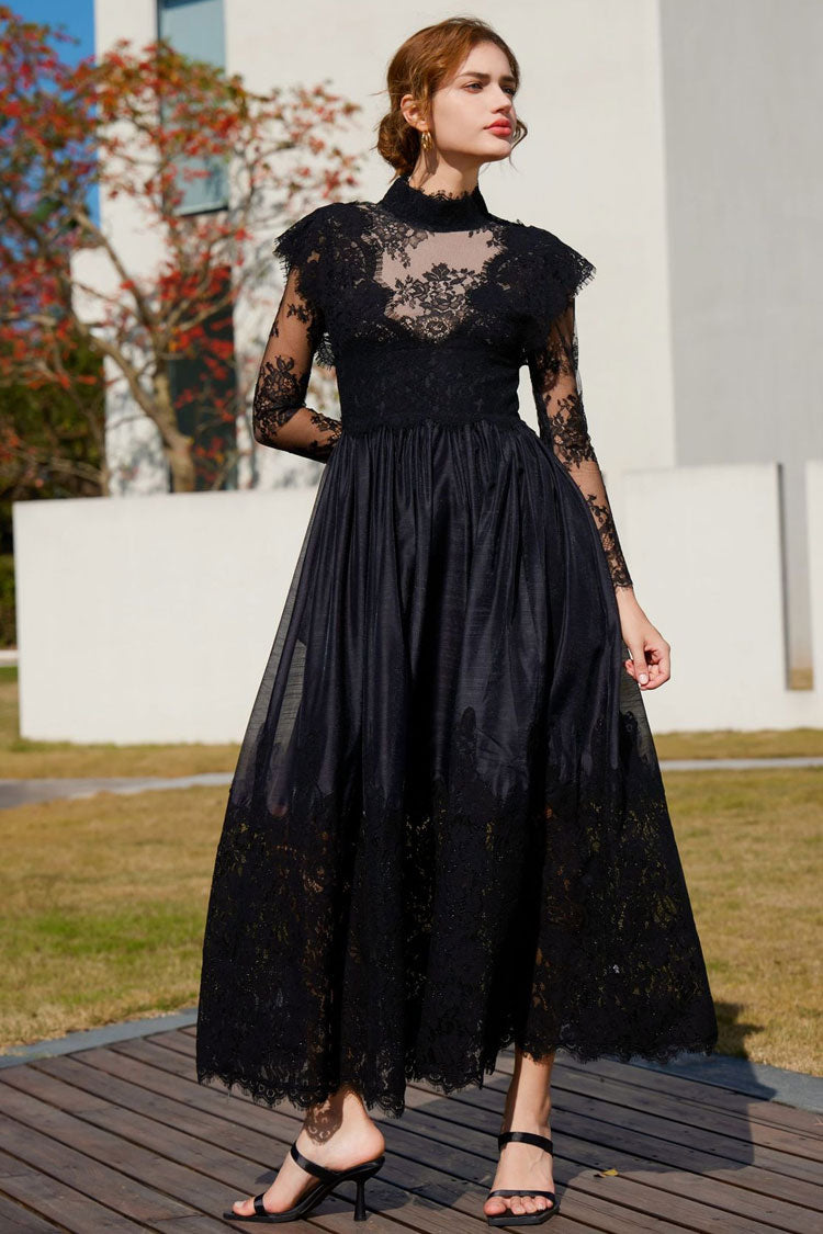 Lace High Neck Long Sleeve Sheer A-Line Maxi Dress