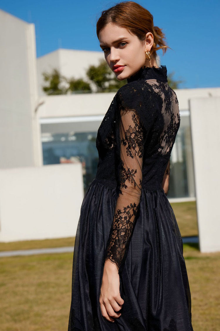 Lace High Neck Long Sleeve Sheer A-Line Maxi Dress