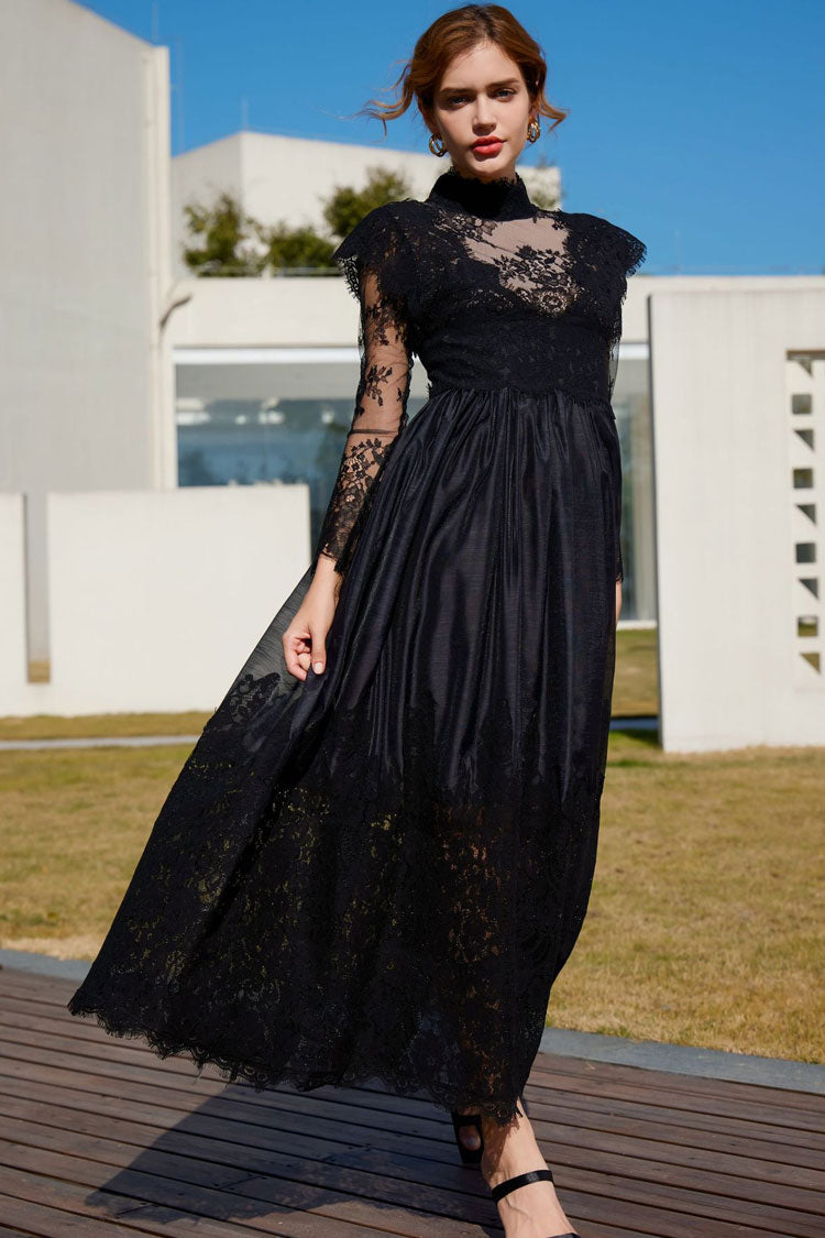 Lace High Neck Long Sleeve Sheer A-Line Maxi Dress