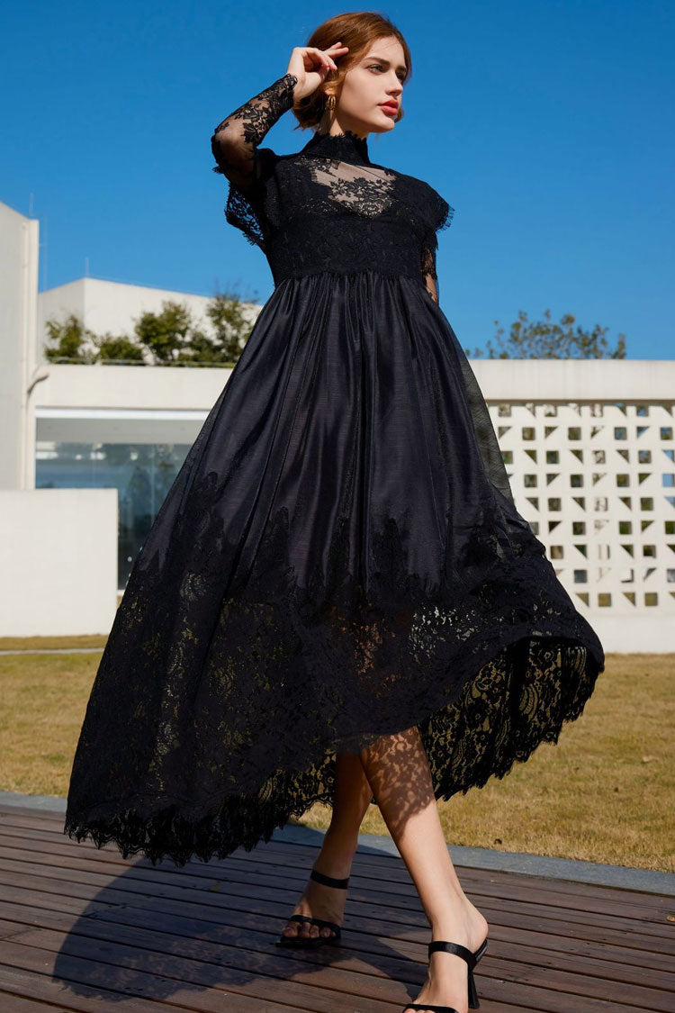 Lace High Neck Long Sleeve Sheer A-Line Maxi Dress
