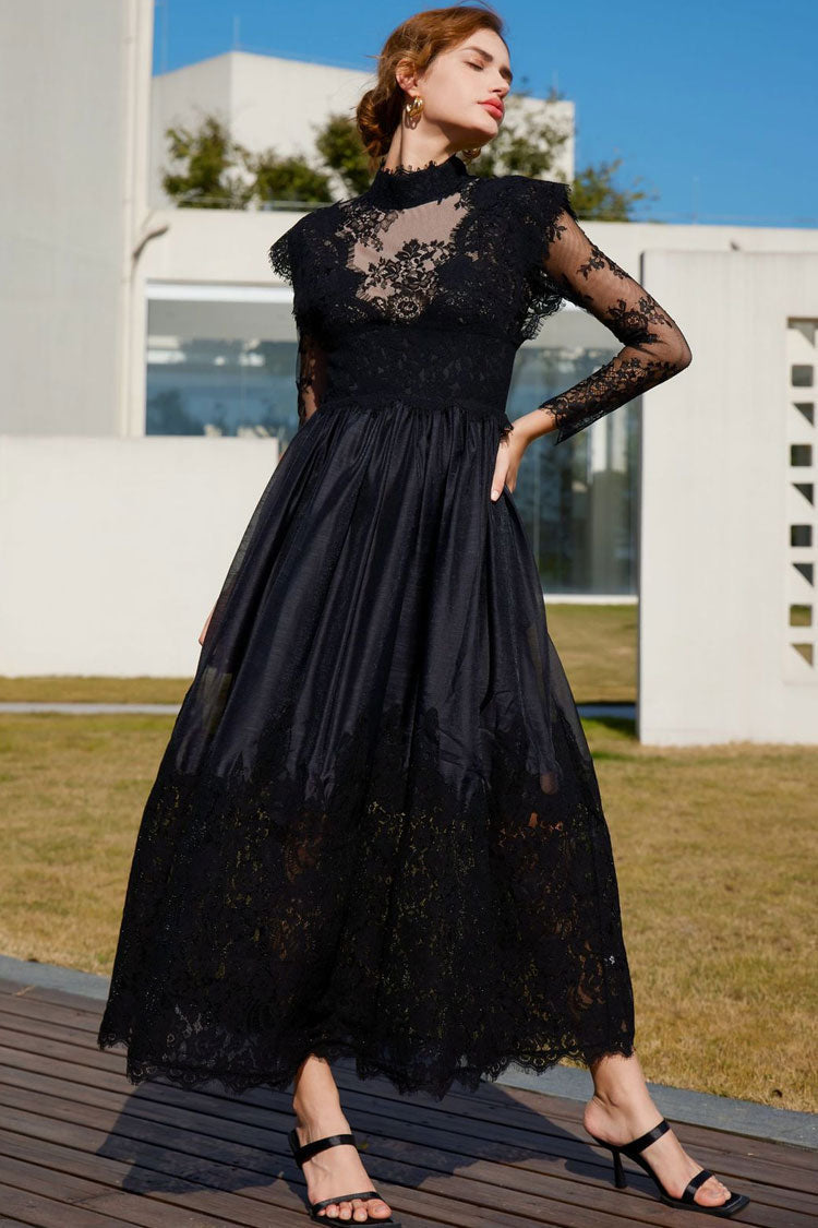 Lace High Neck Long Sleeve Sheer A-Line Maxi Dress