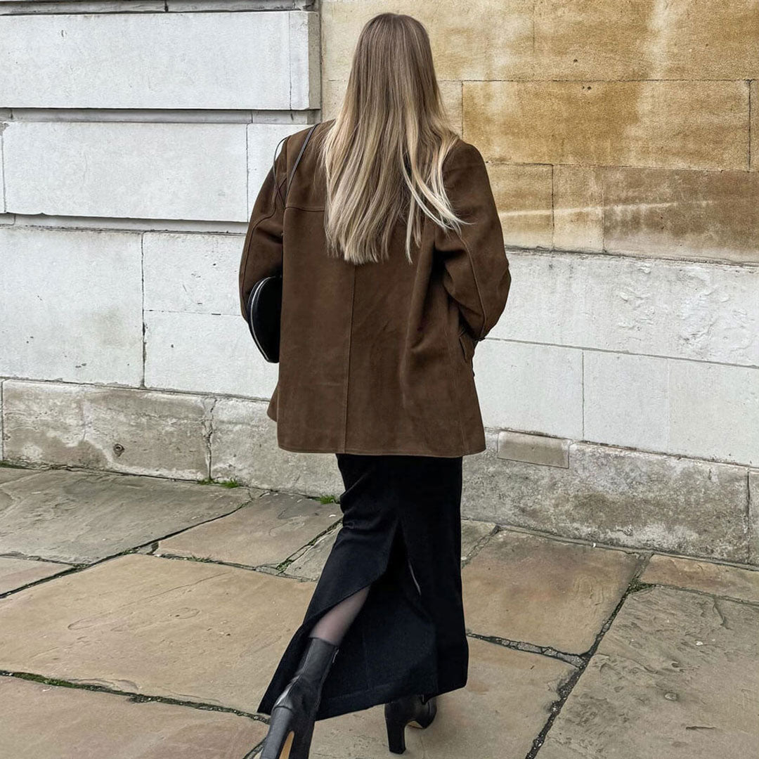 Vintage Notch Lapel Long Sleeve Button Up Oversized Faux Suede Blazer