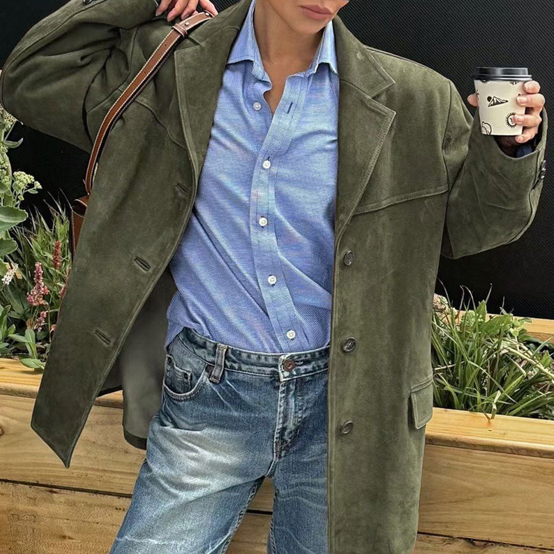 Vintage Notch Lapel Strong Shoulder Button Up Long Sleeve Faux Suede Blazer