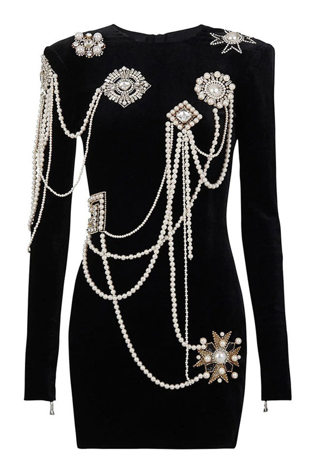 Velvet High Neck Long Sleeve Pearl Embellished Bodycon Mini Dress