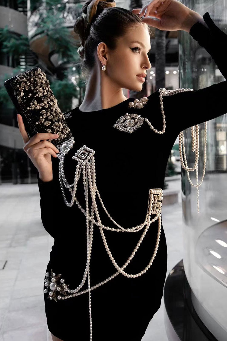 Velvet High Neck Long Sleeve Pearl Embellished Bodycon Mini Dress