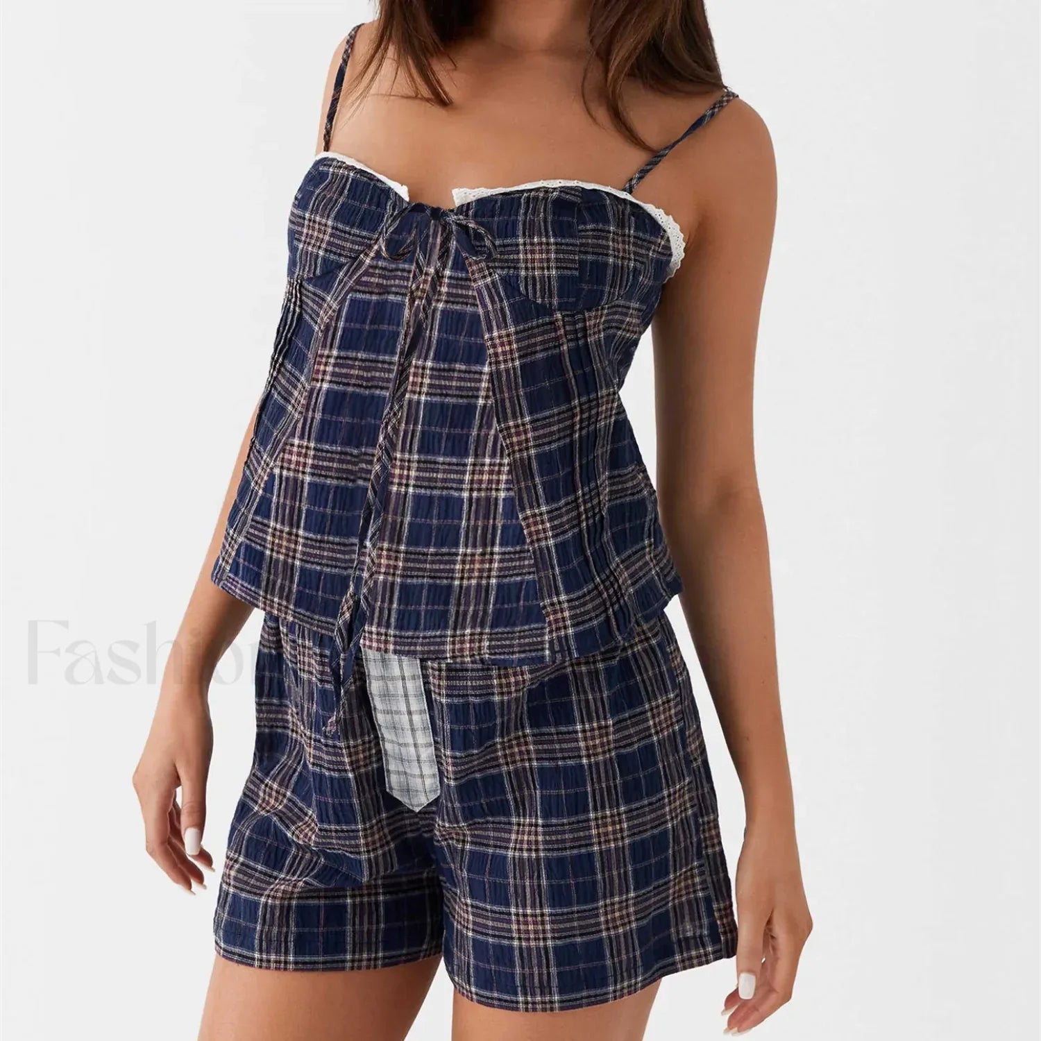 Vintage Plaid Lace Trim Camisole Shorts Two Piece Set