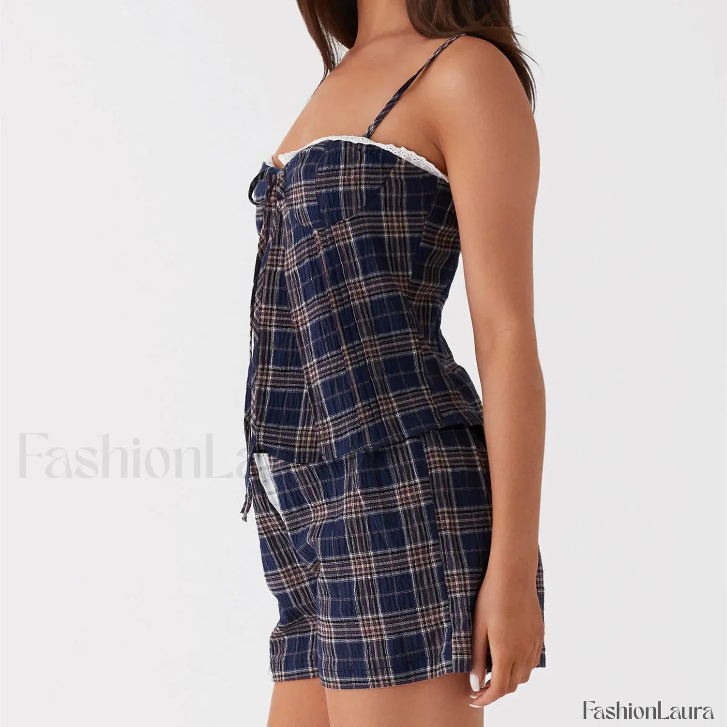 Vintage Plaid Lace Trim Camisole Shorts Two Piece Set