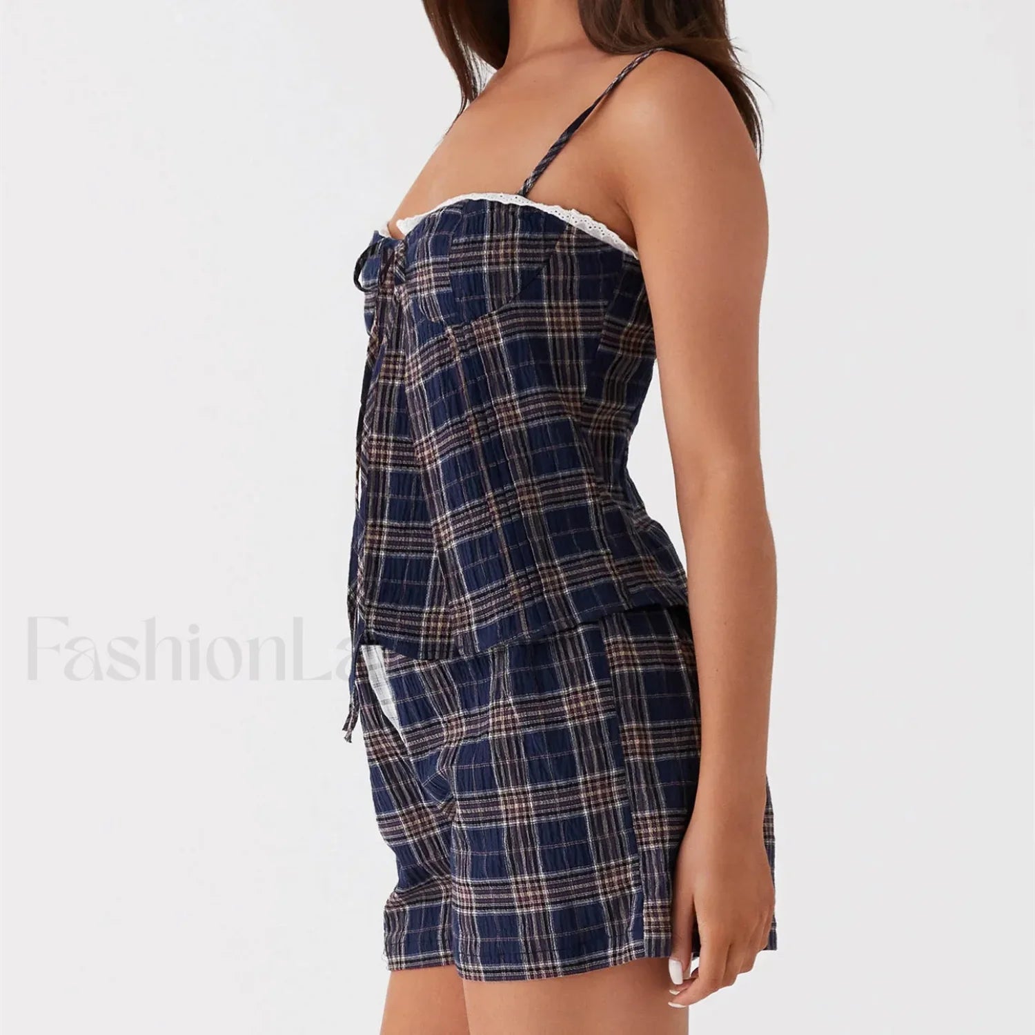 Vintage Plaid Lace Trim Camisole Shorts Two Piece Set