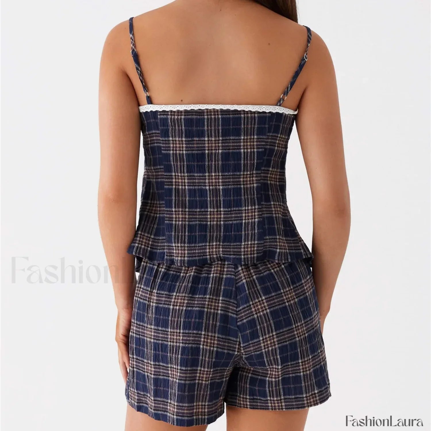 Vintage Plaid Lace Trim Camisole Shorts Two Piece Set