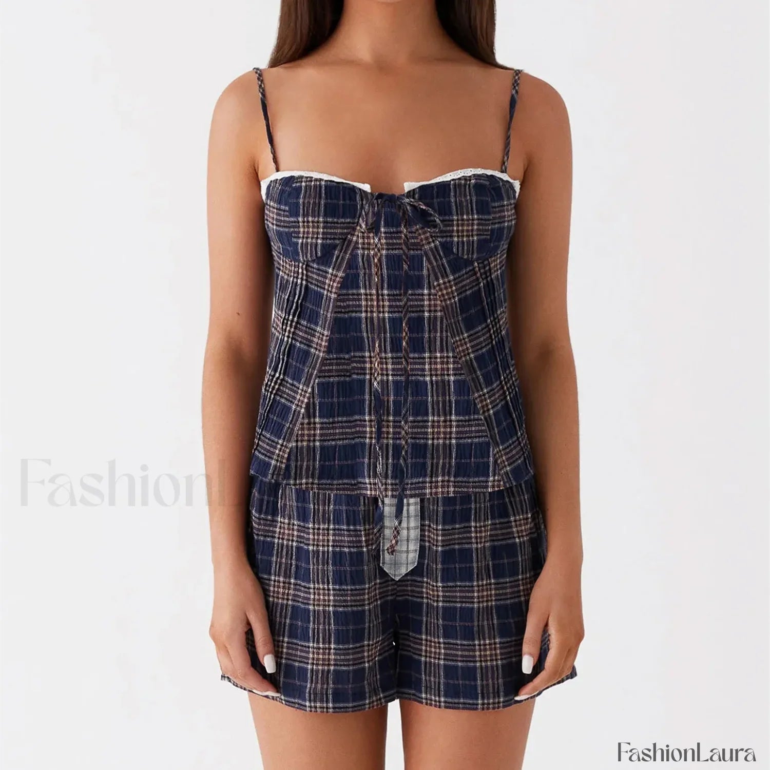 Vintage Plaid Lace Trim Camisole Shorts Two Piece Set