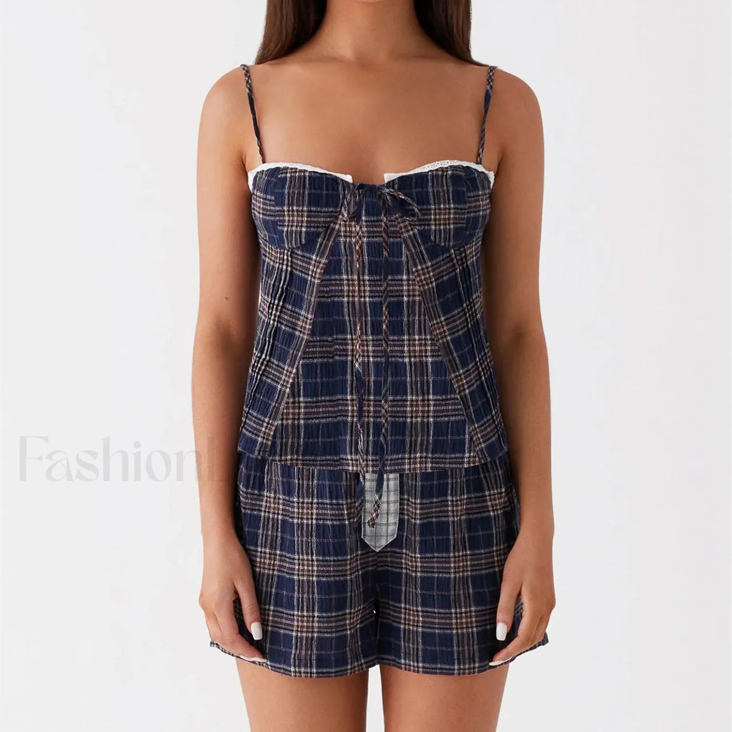 Vintage Plaid Lace Trim Camisole Shorts Two Piece Set