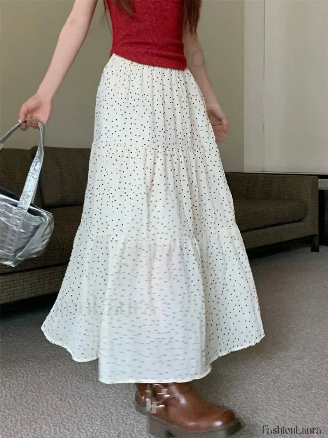 Vintage Polka Dot Holiday Ruffle Hem Long Skirt