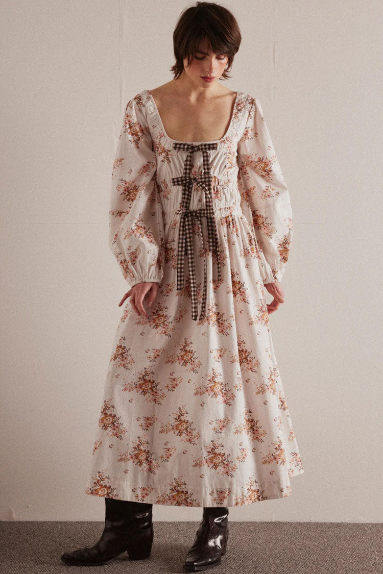 Vintage Print Bow Scoop Neck Bishop Sleeve Smock Beach Vacation Midi Dress