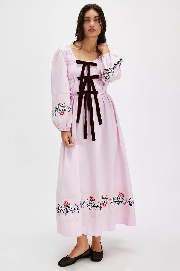 Vintage Print Bow Scoop Neck Bishop Sleeve Smock Beach Vacation Midi Dress