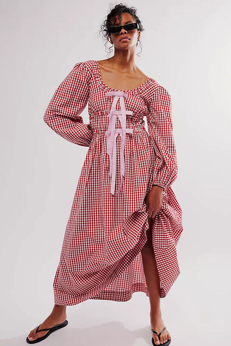 Vintage Print Bow Scoop Neck Bishop Sleeve Smock Beach Vacation Midi Dress