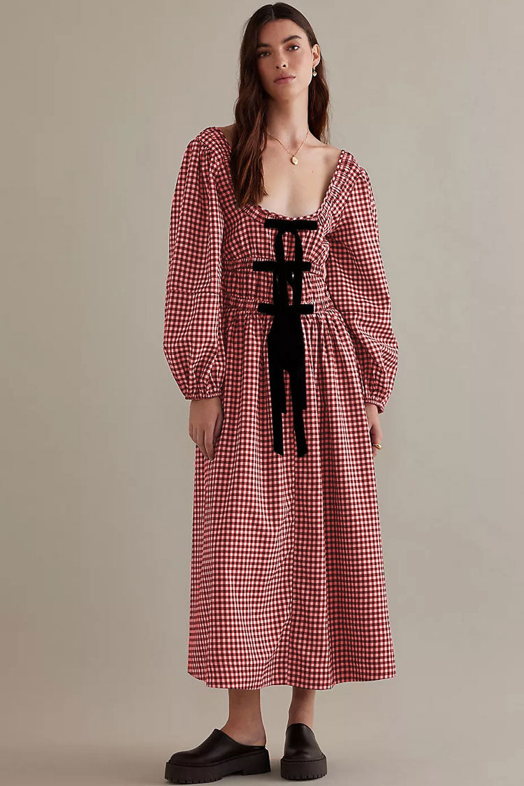 Vintage Print Bow Scoop Neck Bishop Sleeve Smock Beach Vacation Midi Dress