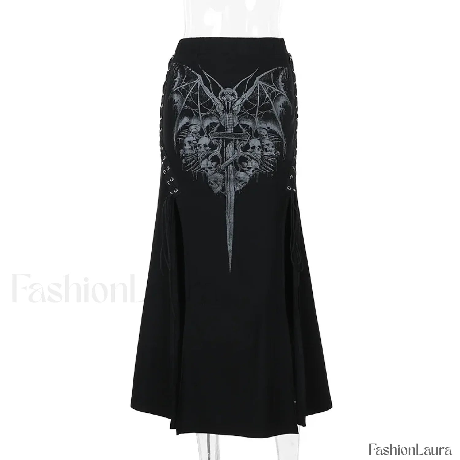 Vintage Print High Waist Mermaid Maxi Gothic Skirt with Sexy High Slit