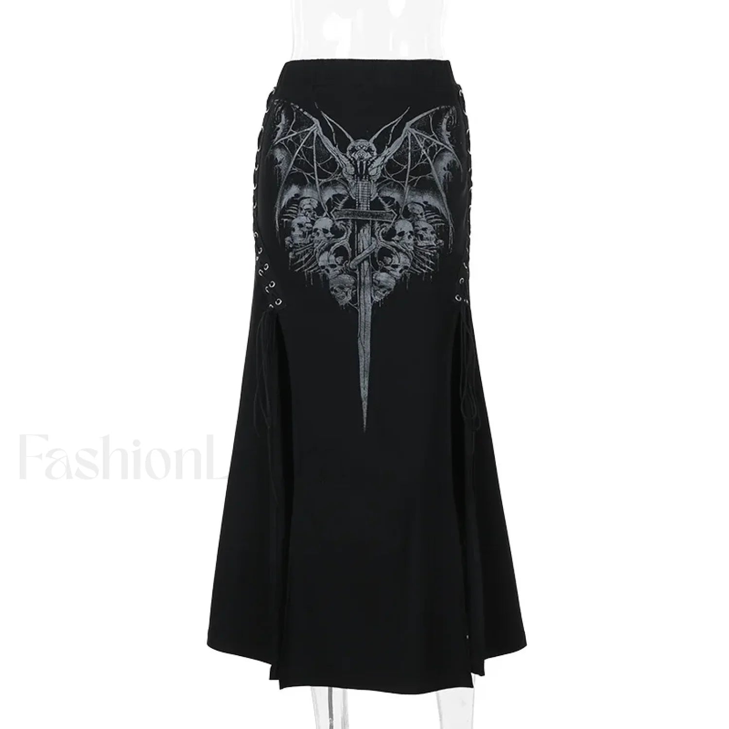 Vintage Print High Waist Mermaid Maxi Gothic Skirt with Sexy High Slit