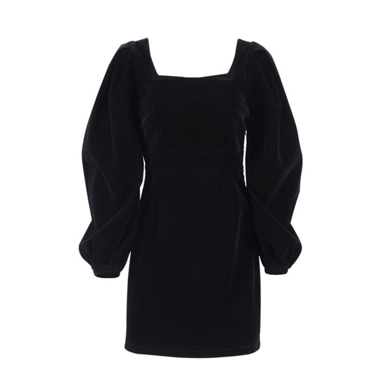 Vintage Puff Sleeve Square Neck Velvet Party Mini Dress - Black 3