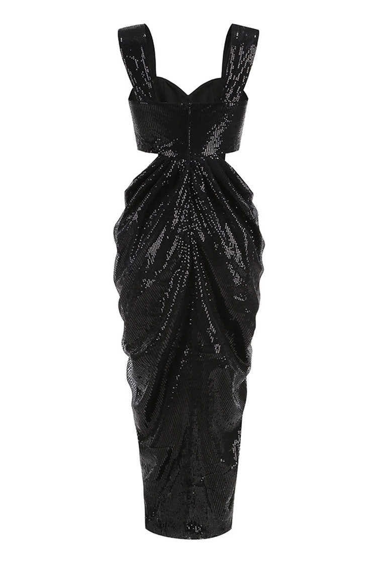 Vintage Rosette Cutout Side Draped Sleeveless Sequin Formal Maxi Dress