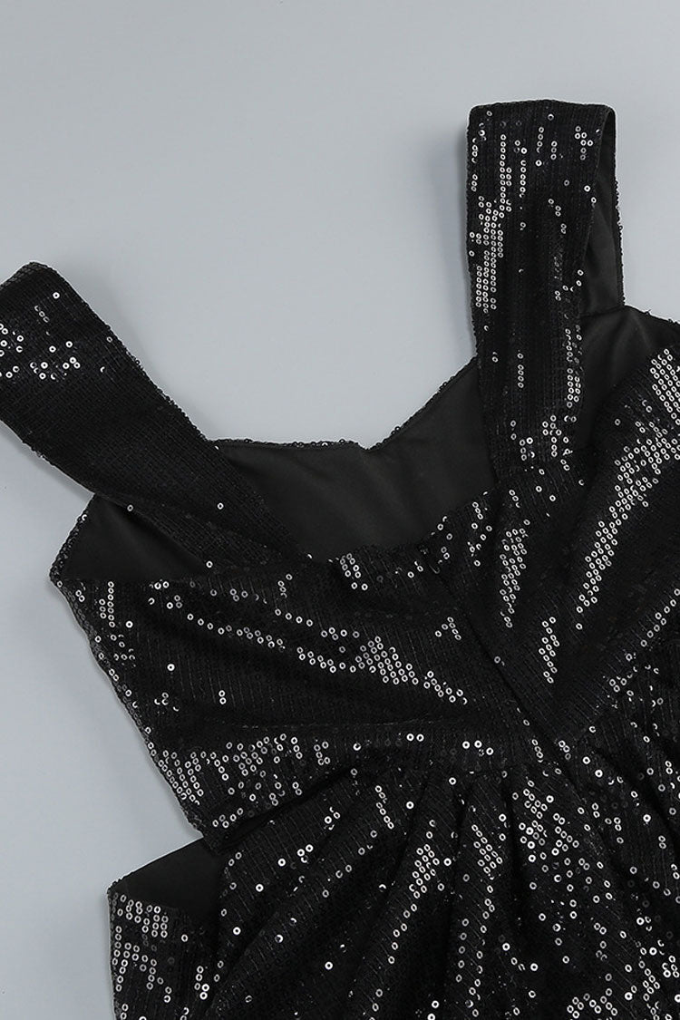 Vintage Rosette Cutout Side Draped Sleeveless Sequin Formal Maxi Dress