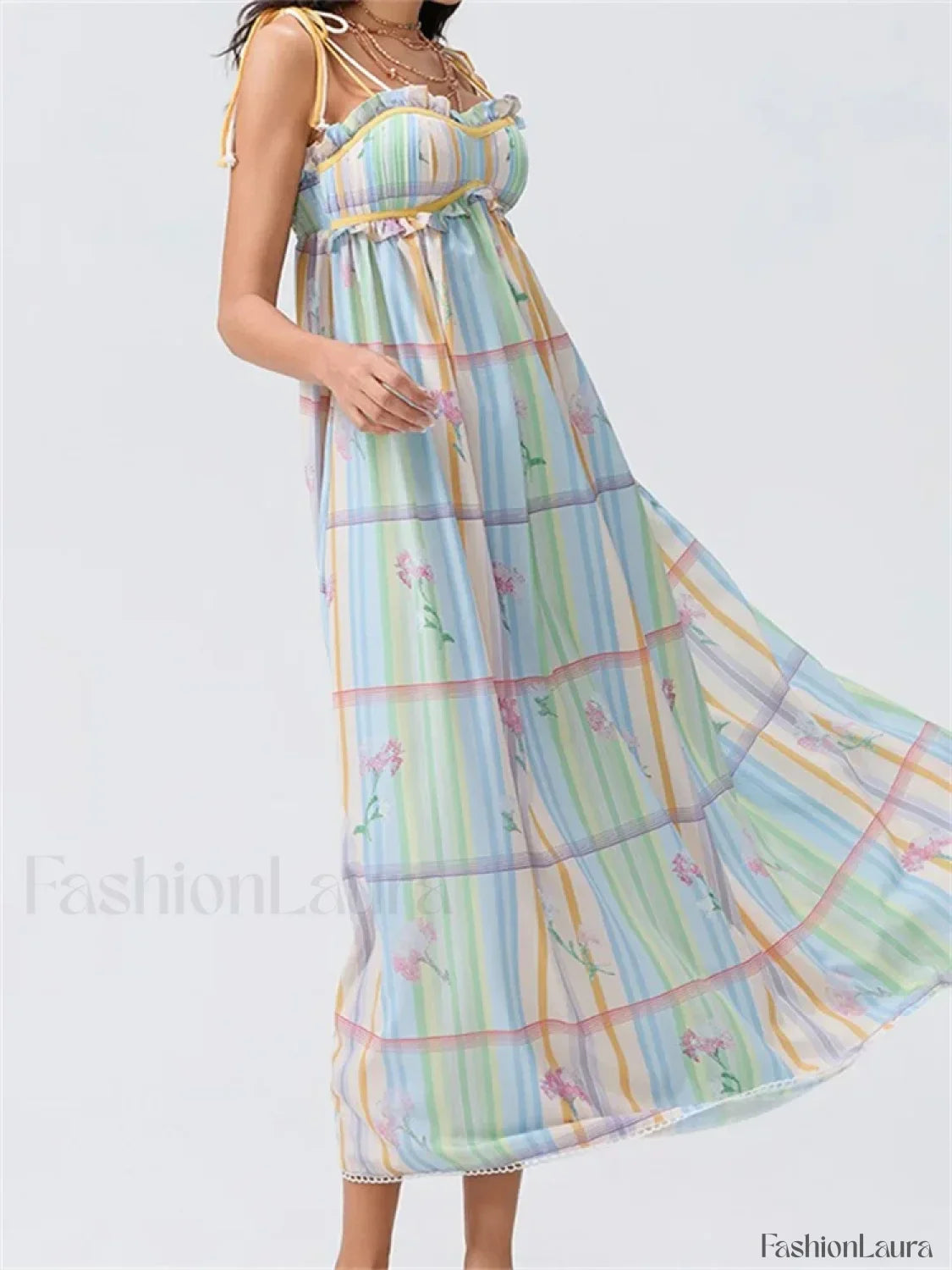 Vintage Ruched Print Strap Maxi Dress