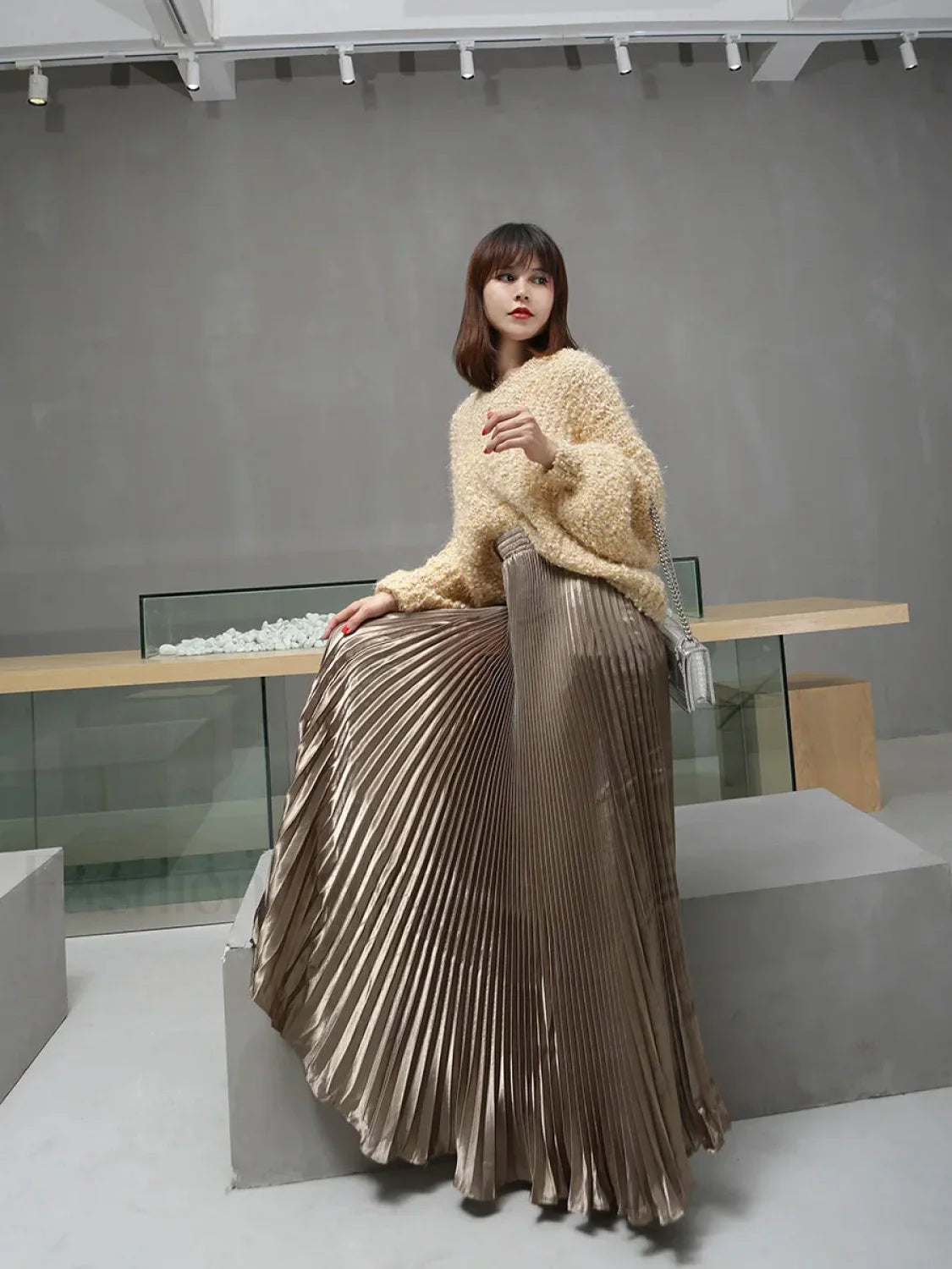 Vintage Silver Maxi Metal Flared Pleated High Waist Skirt coffee / One Size