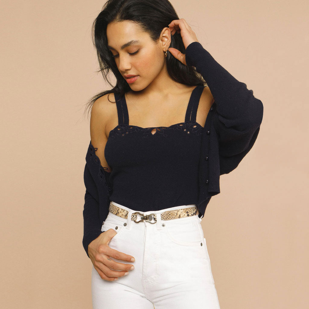 Vintage Square Neck Double Strap CutOut Knit Tank Top - Black