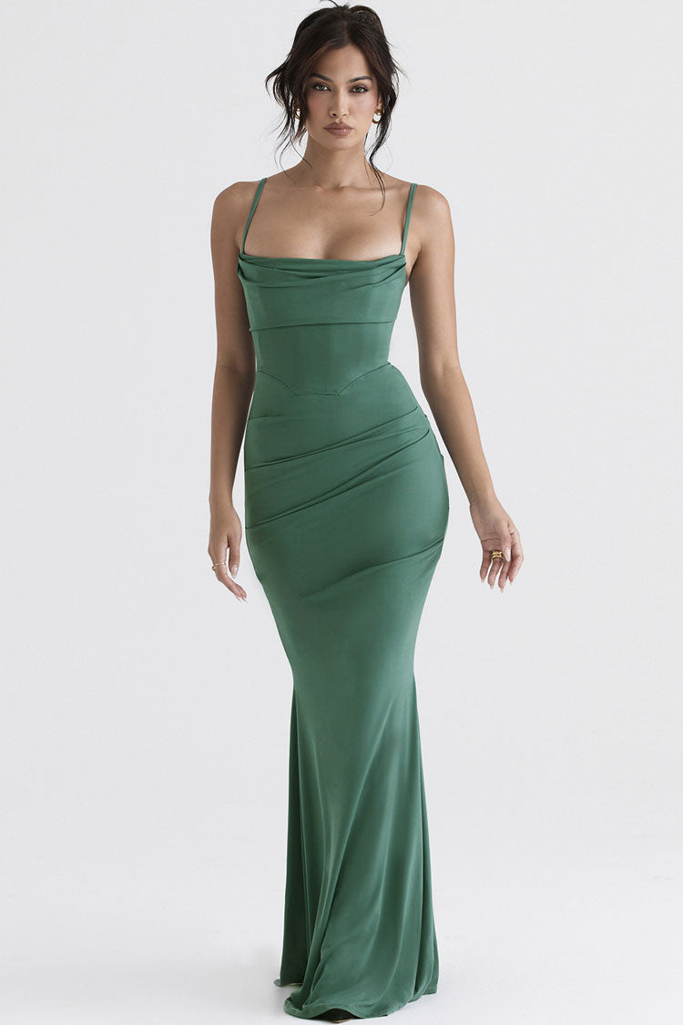 Cowl Neck Spaghetti Strap Ruched Corset Mermaid Maxi Dress