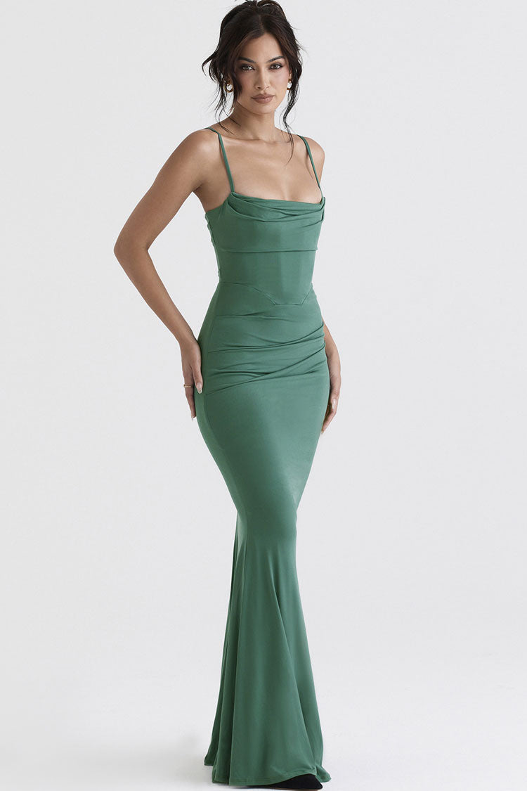 Cowl Neck Spaghetti Strap Ruched Corset Mermaid Maxi Dress