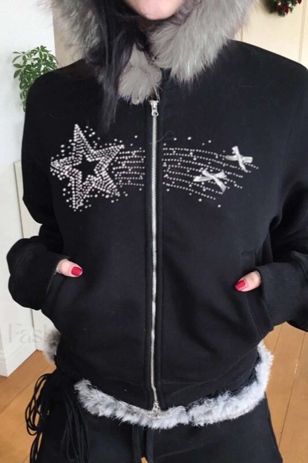 Vintage Star Print Fur Collar Hoodie Black / S