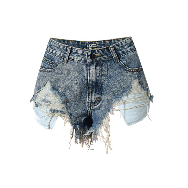 Vintage Style High Waist Bleach Distressed Denim Shorts - Blue